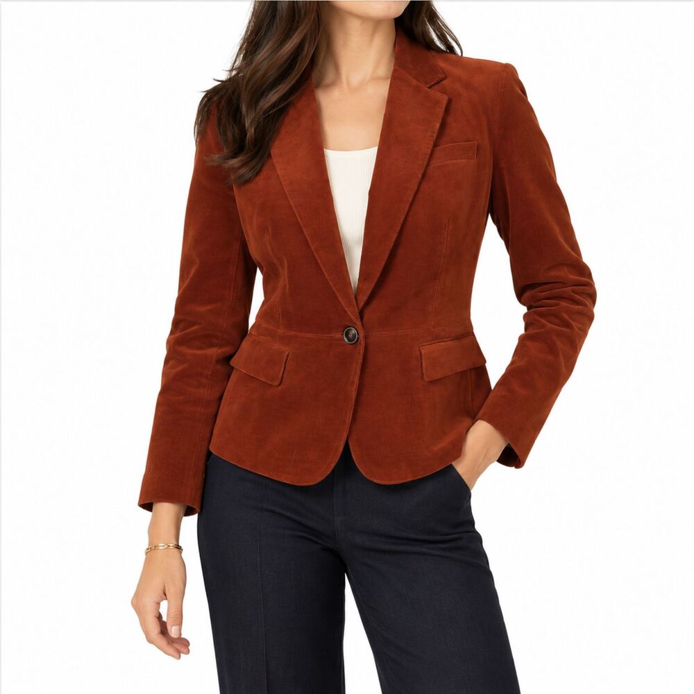 Talbots Womens 14P Rust Orange Cotton Velvet Blazer Stretch One Button Jacket